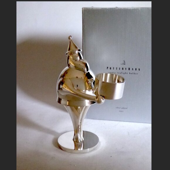 NEW VINTAGE 7.5” POTTERY BARN SILVER PLATE SANTA CLAUS TEA LIGHT CANDLE HOLDER - Picture 2 of 10